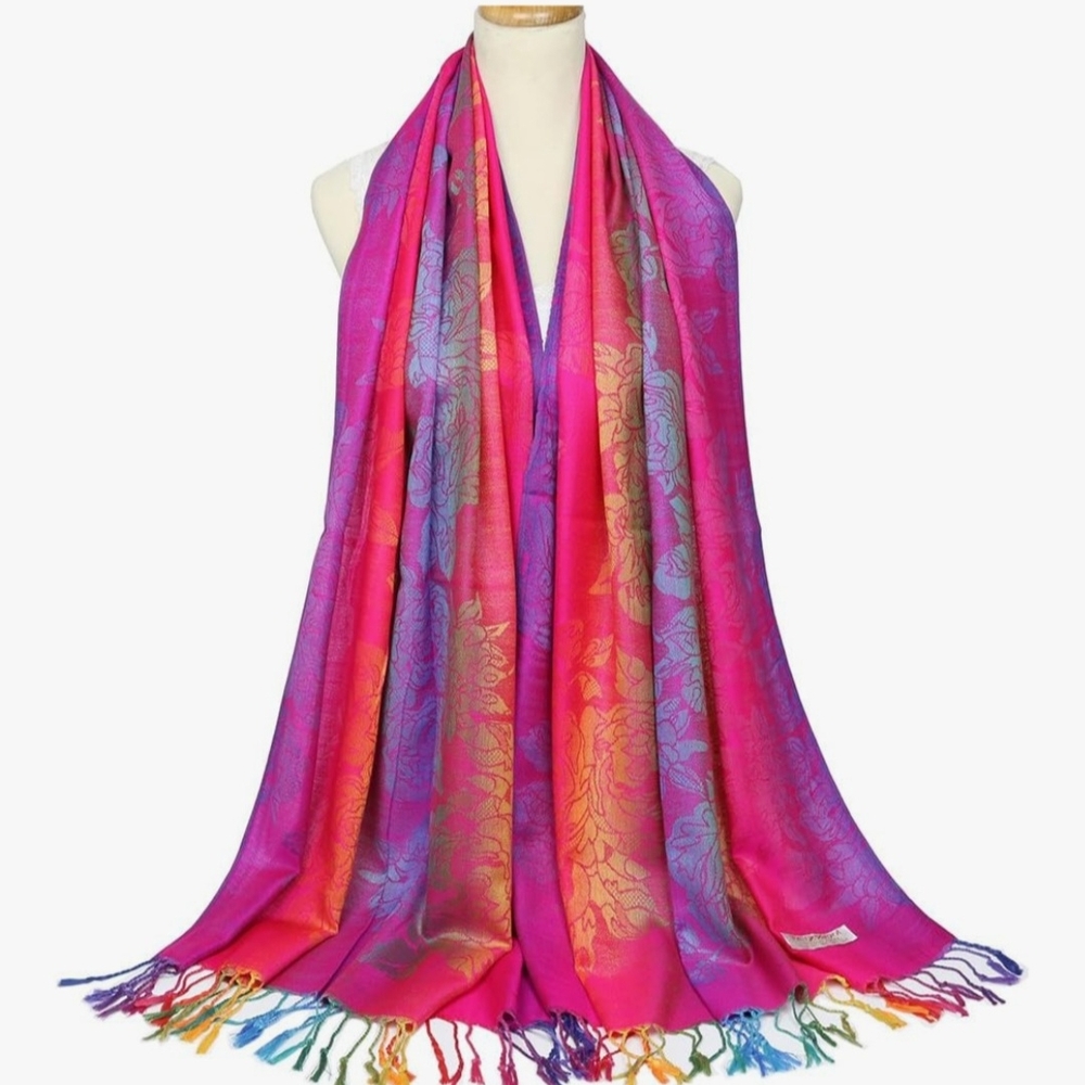 Pink and Blue Bohemian Scarf with Tassels